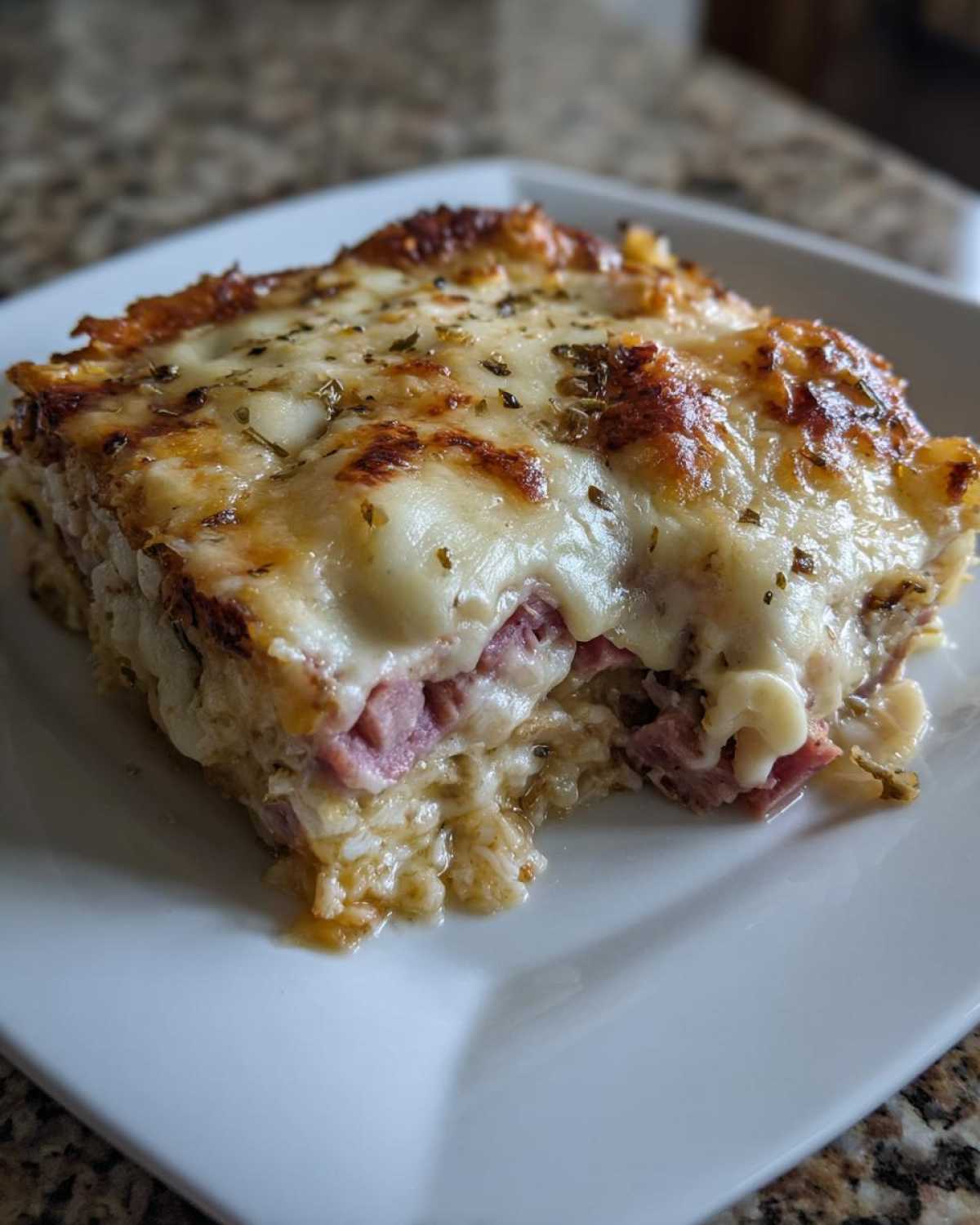 A close-up of a square slice of homemade reuben bake topped with melted, browned cheese and herbs.