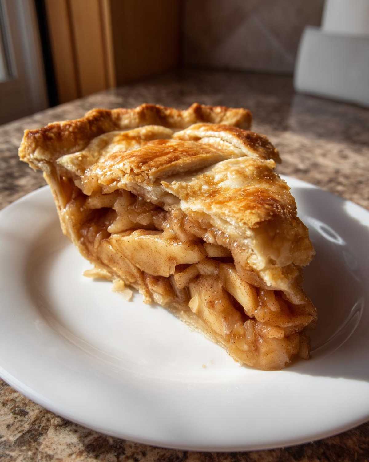 A close-up slice of golden brown apple pie recipe showing thick, spiced apple filling and flaky crust.