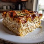 A thick, golden-brown slice of creamy chicken lasagna served on a white plate.