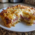 Close-up of a serving of homemade reuben bake with melted cheese and layers of corned beef.