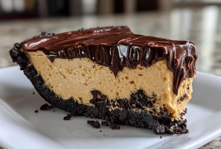 A close-up slice of rich peanut butter pie with a dark chocolate crust and thick chocolate ganache topping.