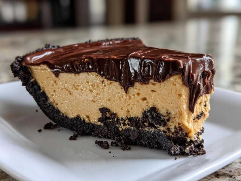 A close-up slice of rich peanut butter pie with a dark chocolate crust and thick chocolate ganache topping.