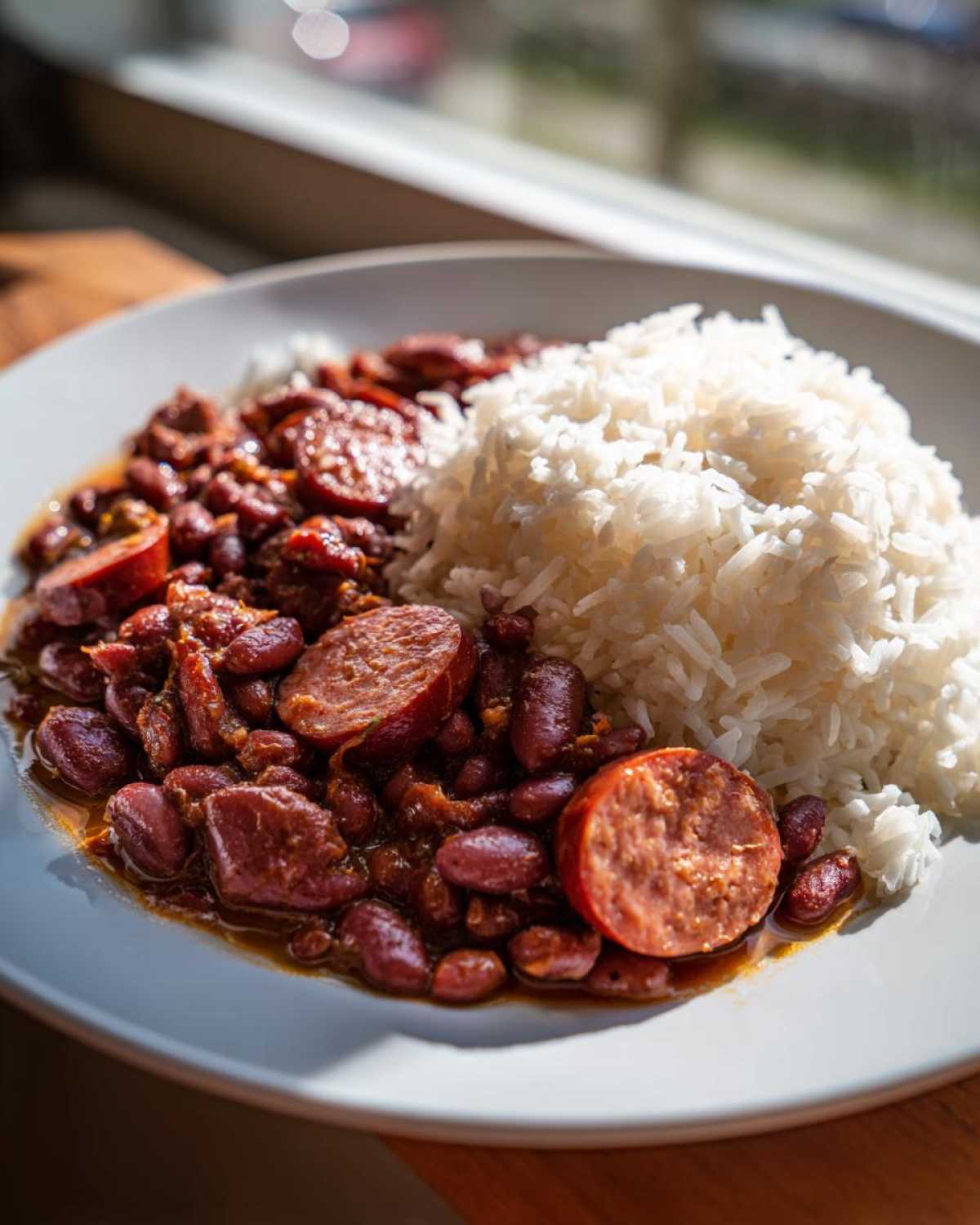 A plate featuring a generous serving of slow cooker red beans and rice with slices of smoked sausage.