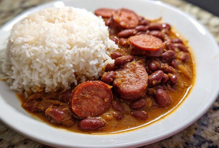 Close-up of a white plate featuring slow cooker red beans and rice topped with slices of smoked sausage.