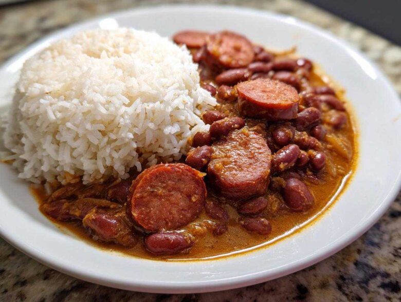Close-up of a white plate featuring slow cooker red beans and rice topped with slices of smoked sausage.