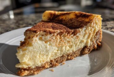 A thick slice of creamy snickerdoodle cheesecake with a graham cracker crust, dusted heavily with cinnamon.