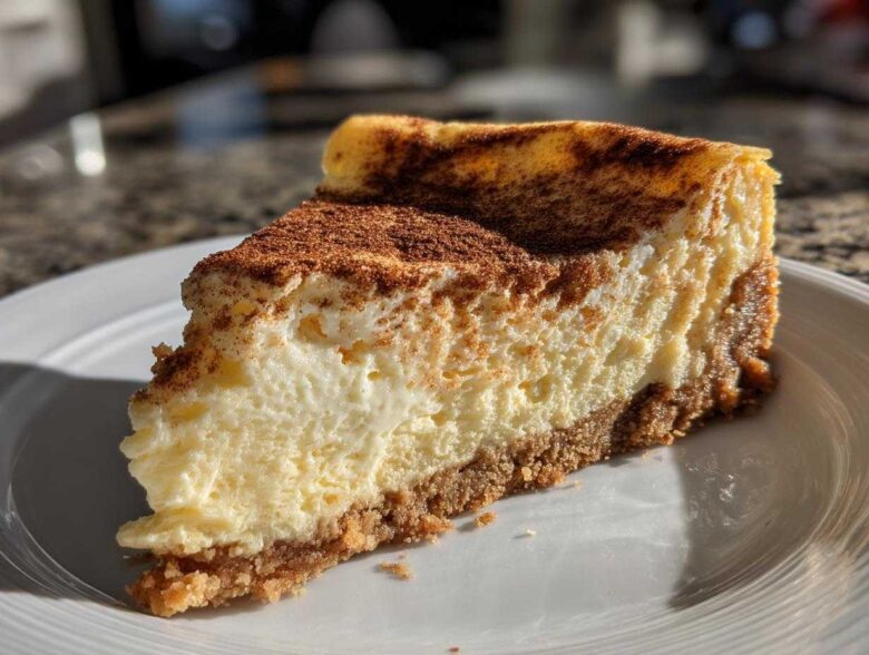 A thick slice of creamy snickerdoodle cheesecake with a graham cracker crust, dusted heavily with cinnamon.