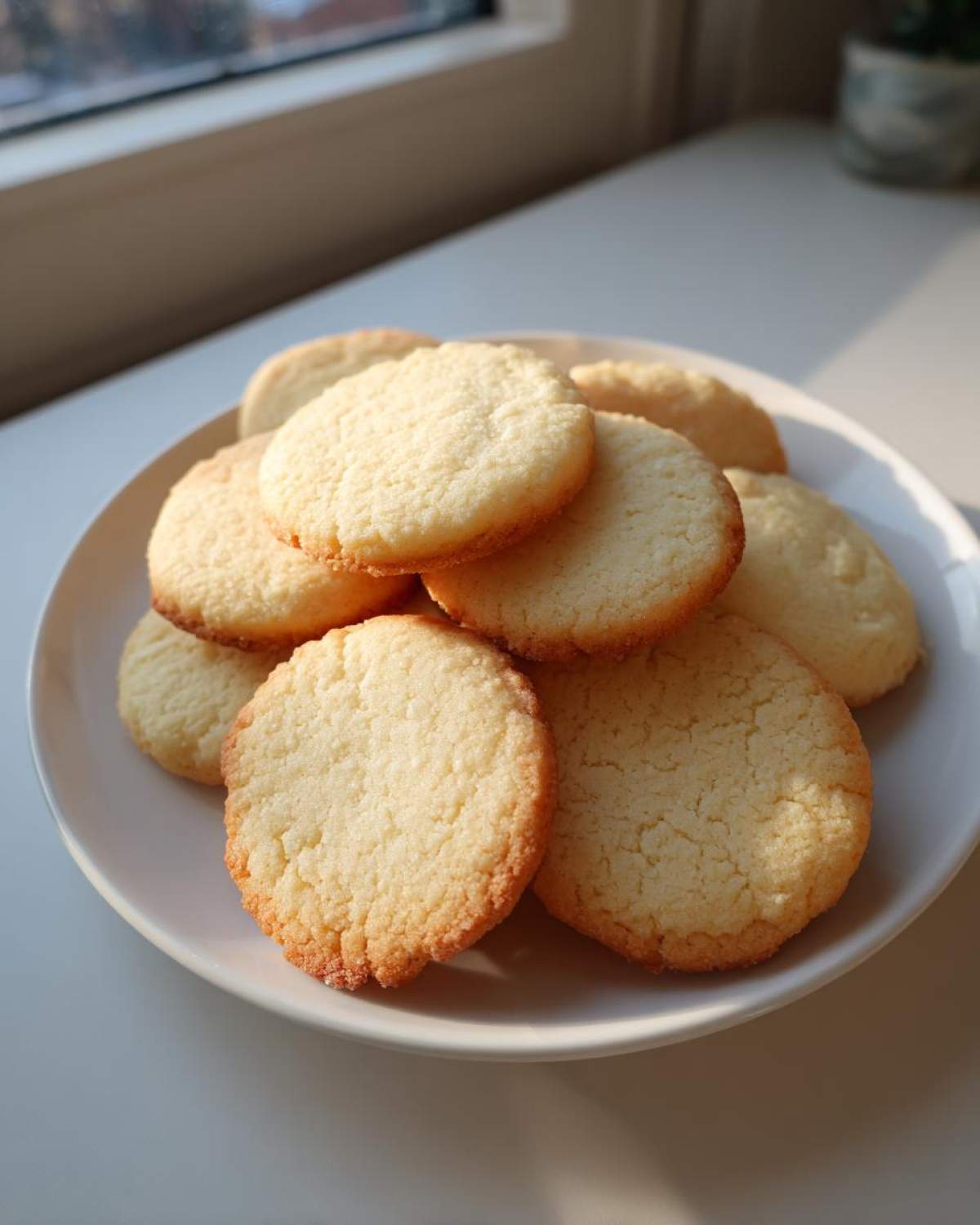 A white plate piled high with freshly baked, soft and chewy sugar cookies, catching warm sunlight near a window.