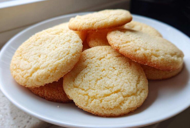 A stack of soft and chewy sugar cookies with a slightly crisp, sugared top, resting on a white plate.