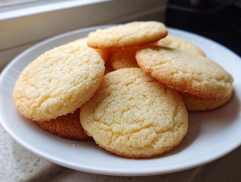 A stack of soft and chewy sugar cookies with a slightly crisp, sugared top, resting on a white plate.