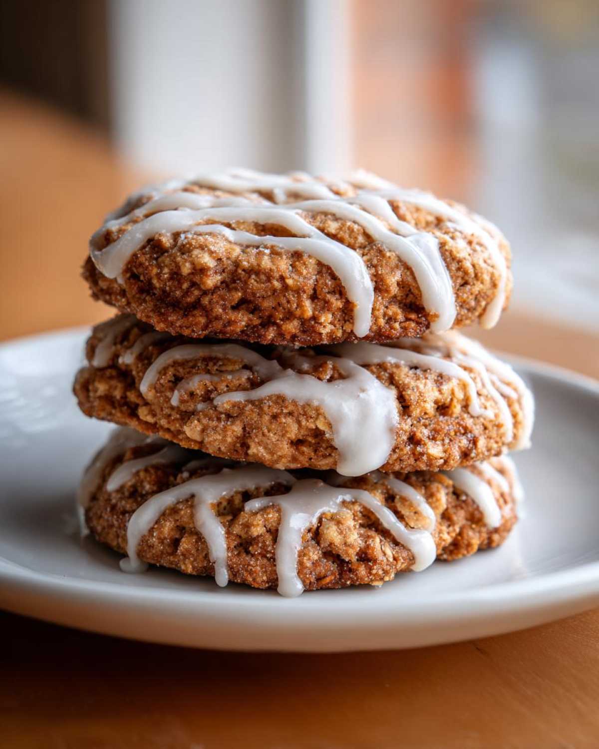 Three soft iced oatmeal cookies stacked on a white plate, drizzled with white vanilla icing.