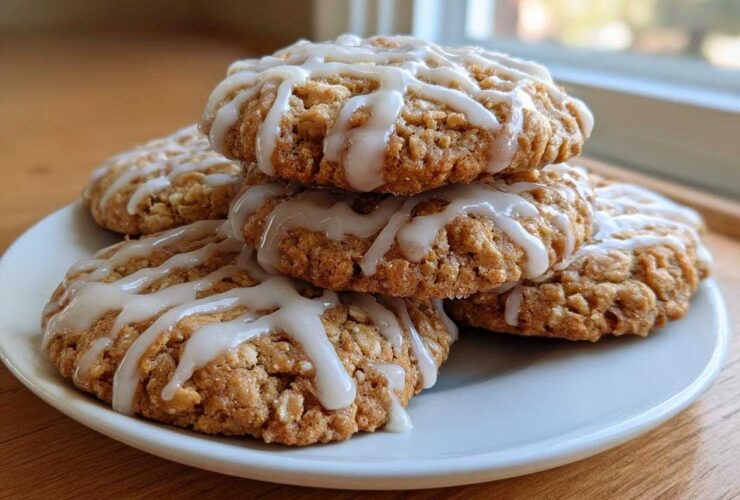 A stack of soft iced oatmeal cookies drizzled with white vanilla icing on a white plate.