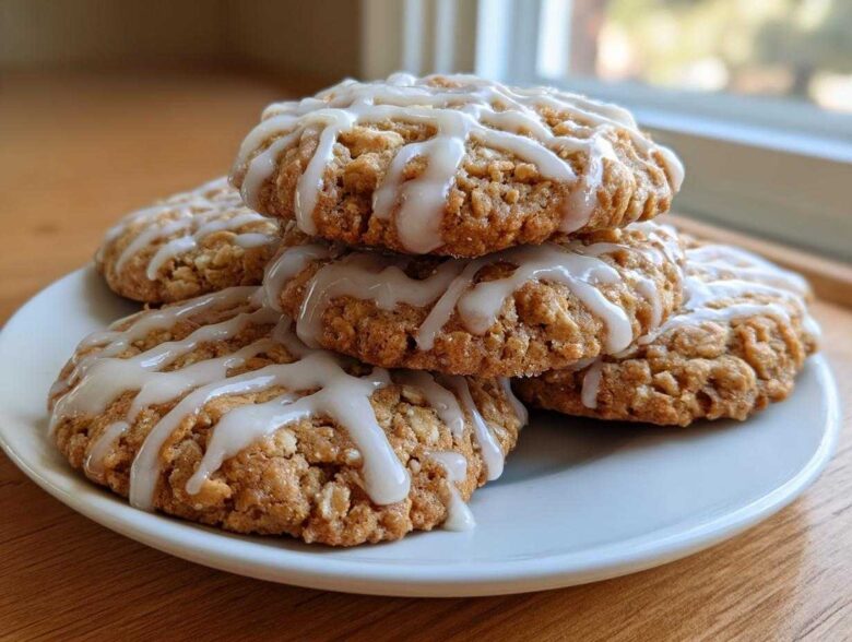 A stack of soft iced oatmeal cookies drizzled with white vanilla icing on a white plate.