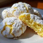 A stack of bright yellow lemon crinkle cookies generously coated in white powdered sugar, one cookie broken open to show the soft interior.