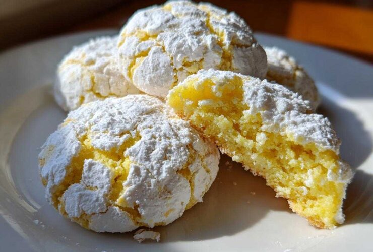 A stack of bright yellow lemon crinkle cookies generously coated in white powdered sugar, one cookie broken open to show the soft interior.