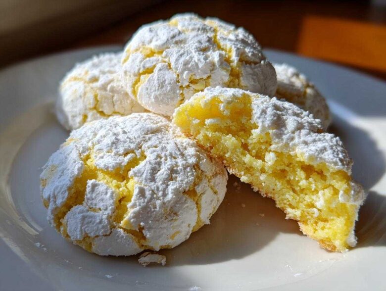 A stack of bright yellow lemon crinkle cookies generously coated in white powdered sugar, one cookie broken open to show the soft interior.