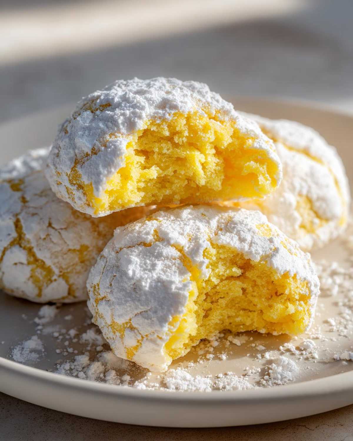 A close-up shot showing the soft, bright yellow interior of two lemon crinkle cookies dusted heavily with powdered sugar.