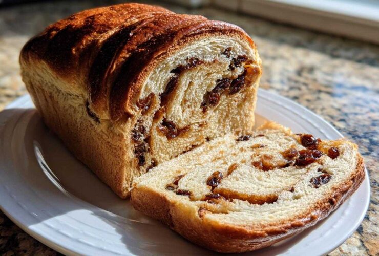 A freshly baked loaf of soft raisin bread, partially sliced, displaying swirls of cinnamon and plump raisins.