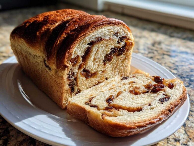 A freshly baked loaf of soft raisin bread, partially sliced, displaying swirls of cinnamon and plump raisins.