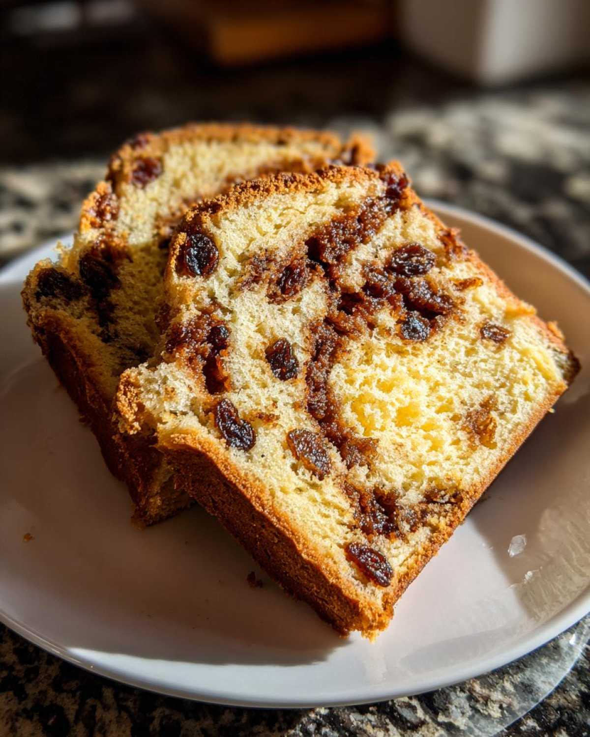 Two thick slices of soft, golden homemade raisin bread served on a white plate.