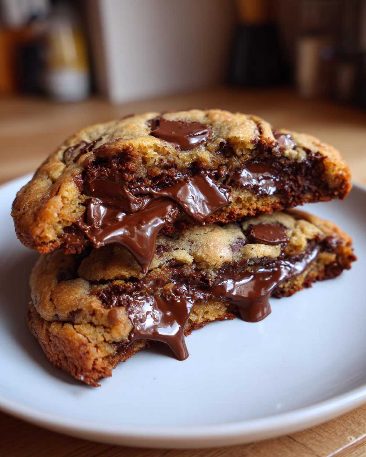 Two halves of a thick sourdough chocolate chip cookie stacked, showing molten, gooey chocolate filling.
