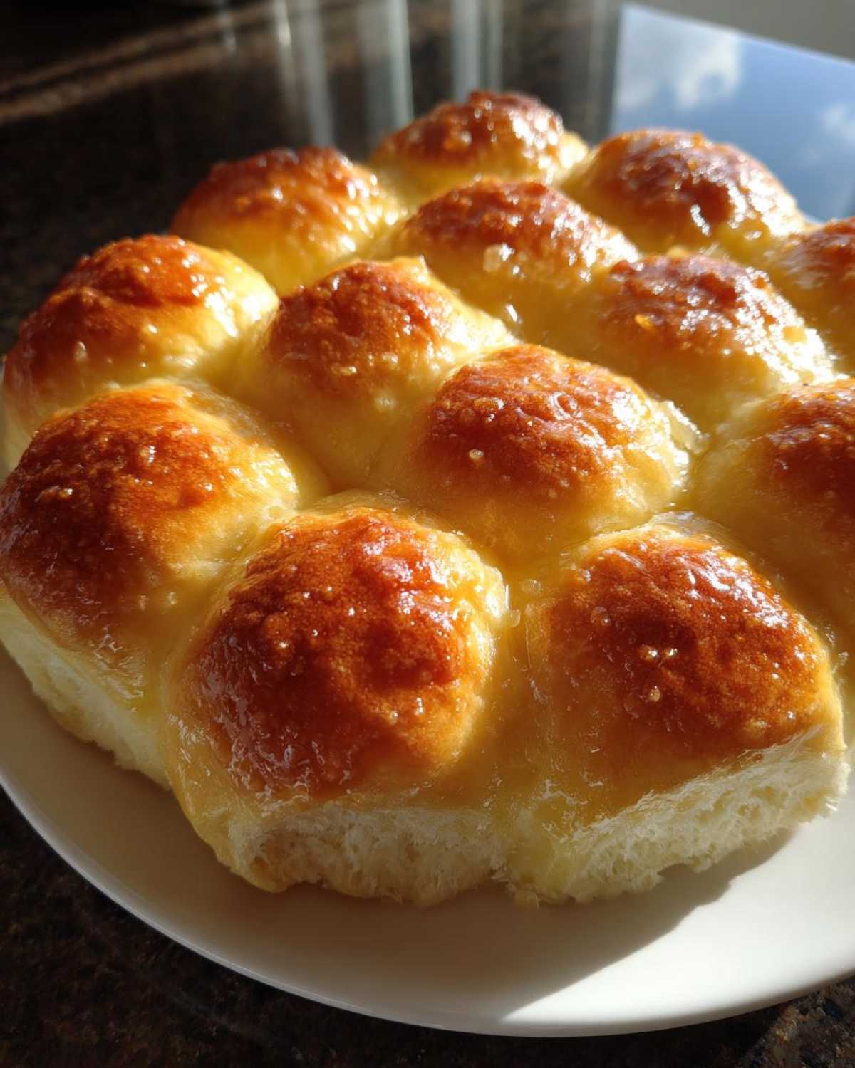 A close-up of freshly baked, golden-brown sourdough discard rolls glistening with a buttery glaze on a white plate.