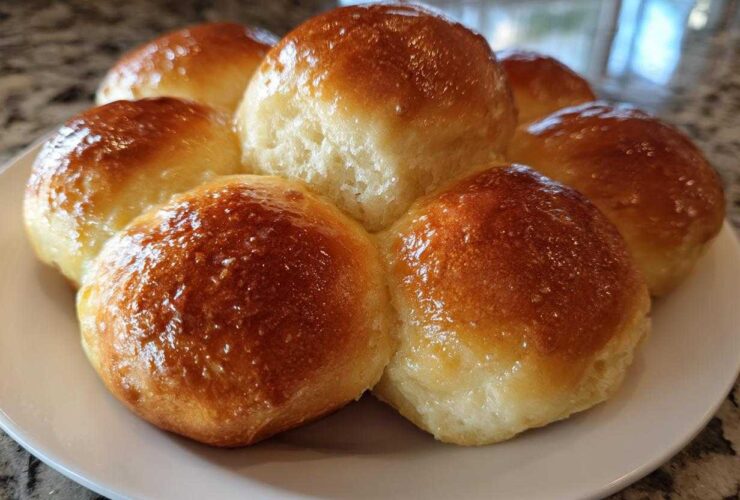 A cluster of six shiny, golden brown sourdough discard rolls baked together on a white plate.