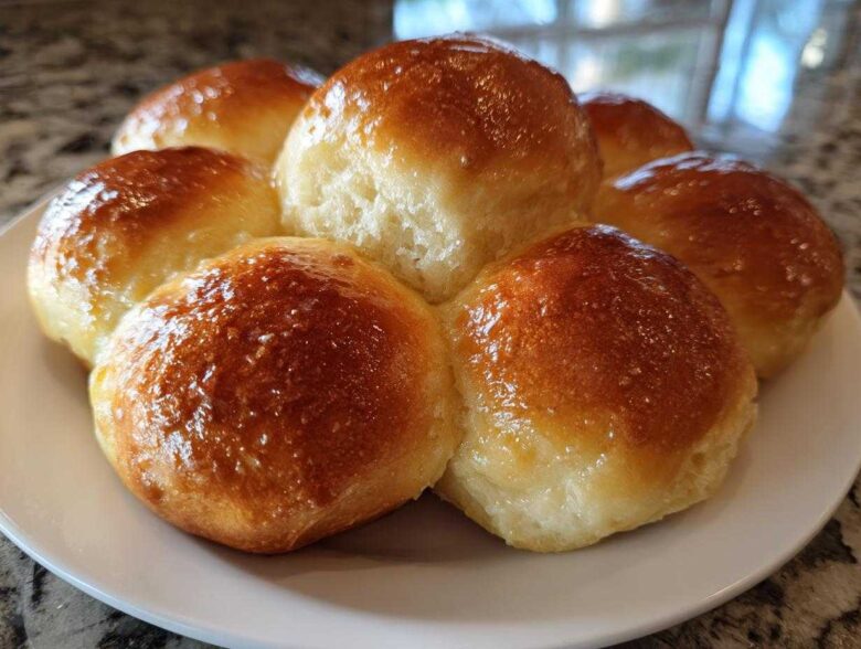 A cluster of six shiny, golden brown sourdough discard rolls baked together on a white plate.