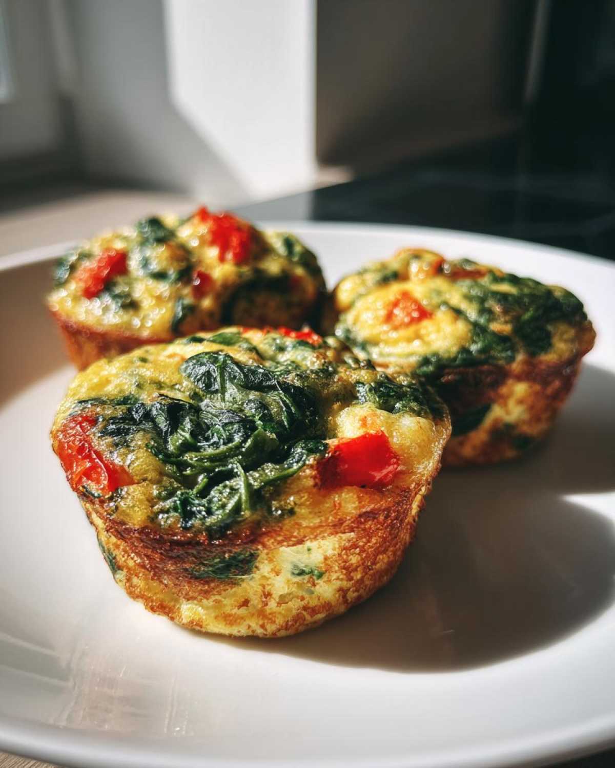 Three freshly baked spinach and red pepper egg muffin portions resting on a white plate.