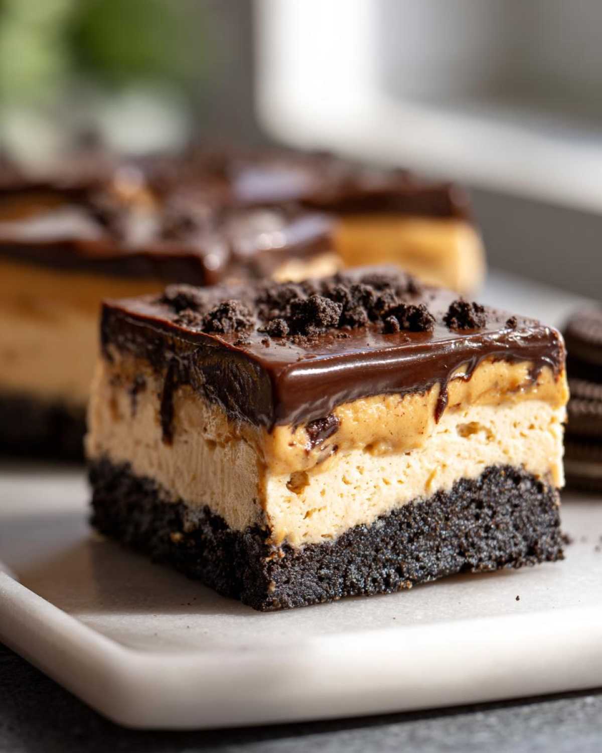 Close-up of a thick square slice of peanut butter pie with a dark cookie crust, creamy filling, chocolate ganache, and cookie crumbs.