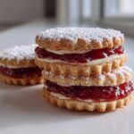 A stack of three raspberry-filled linzer cookies dusted with powdered sugar on a white surface.