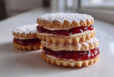 A stack of three raspberry-filled linzer cookies dusted with powdered sugar on a white surface.