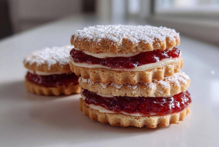 A stack of three raspberry-filled linzer cookies dusted with powdered sugar on a white surface.