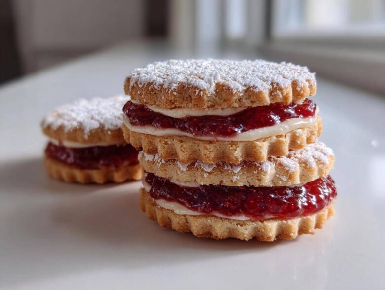 A stack of three raspberry-filled linzer cookies dusted with powdered sugar on a white surface.