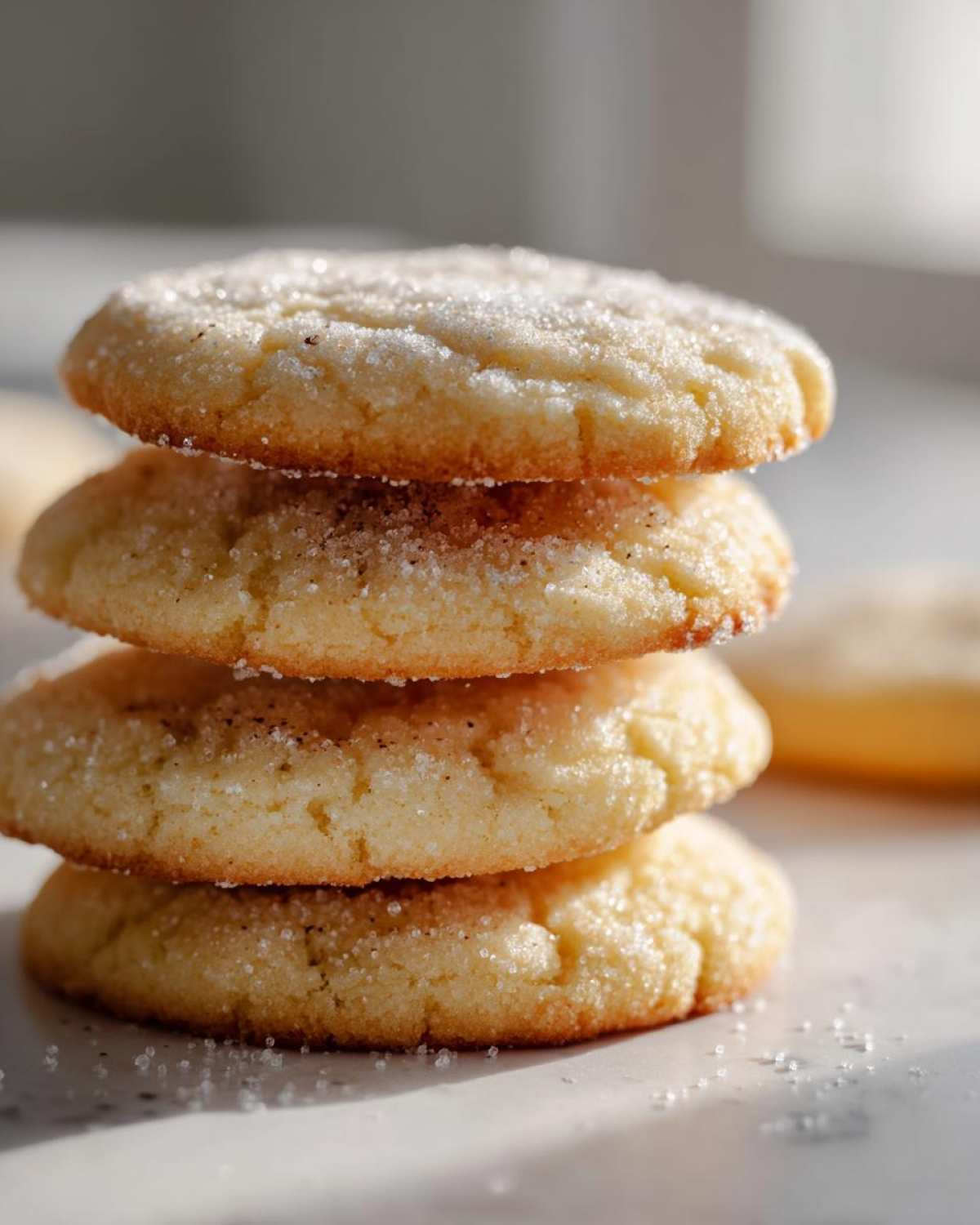 A close-up stack of four soft, golden sugar cookie rounds generously coated in sparkling granulated sugar.