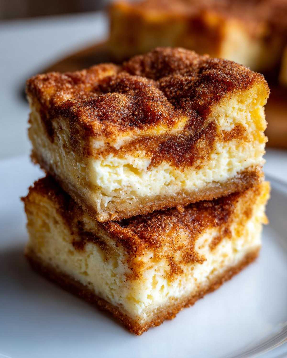 Two stacked squares of creamy churro cheesecake topped generously with cinnamon sugar.