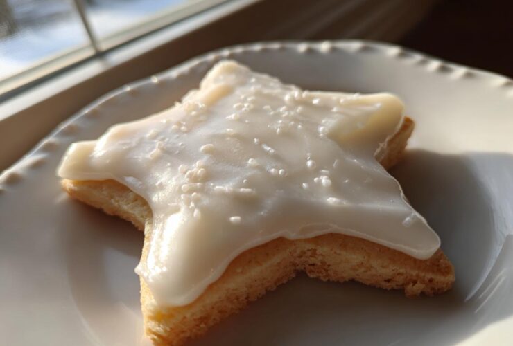 A star-shaped sugar cookie topped with thick, glossy white sugar cookie icing and fine white sprinkles.