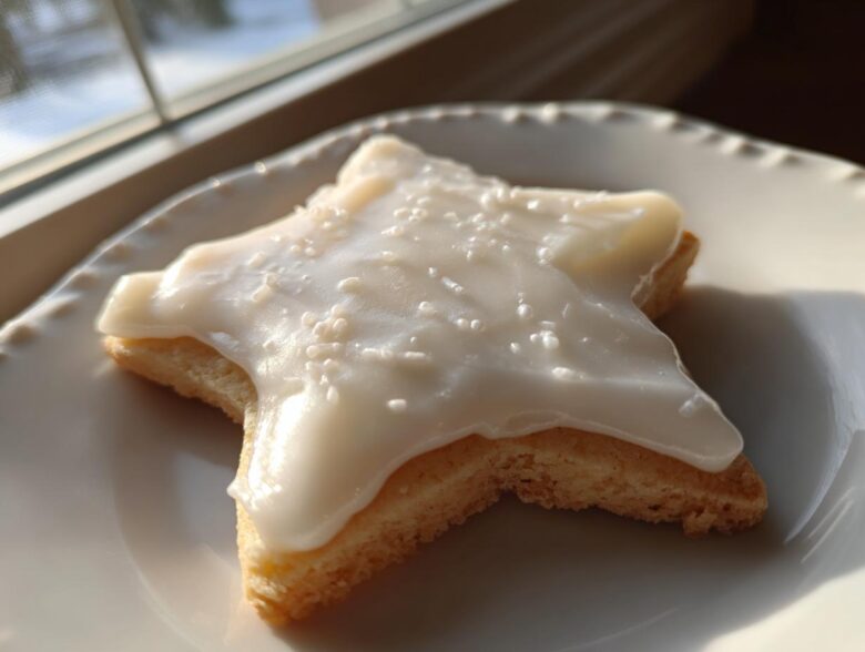 A star-shaped sugar cookie topped with thick, glossy white sugar cookie icing and fine white sprinkles.