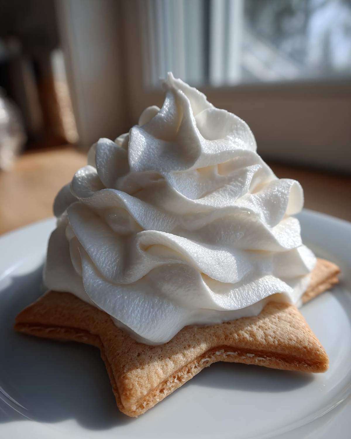 A star-shaped sugar cookie topped with a high swirl of stiff, white sugar cookie icing.
