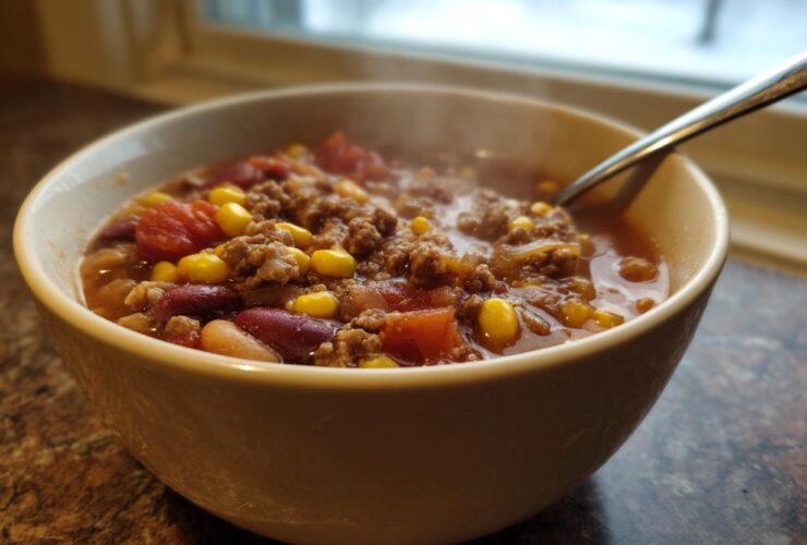 A steaming bowl of hearty crockpot cowboy soup featuring ground meat, kidney beans, corn, and tomatoes, set near a window.