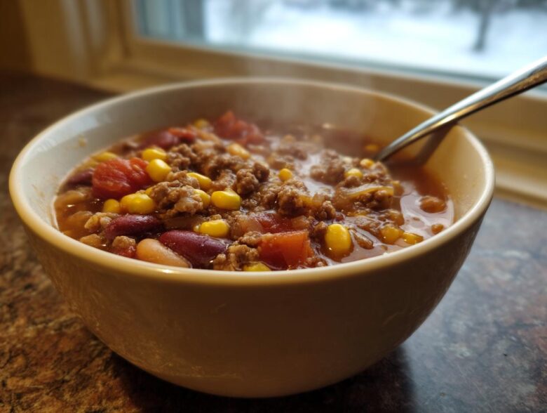 A steaming bowl of hearty crockpot cowboy soup featuring ground meat, kidney beans, corn, and tomatoes, set near a window.
