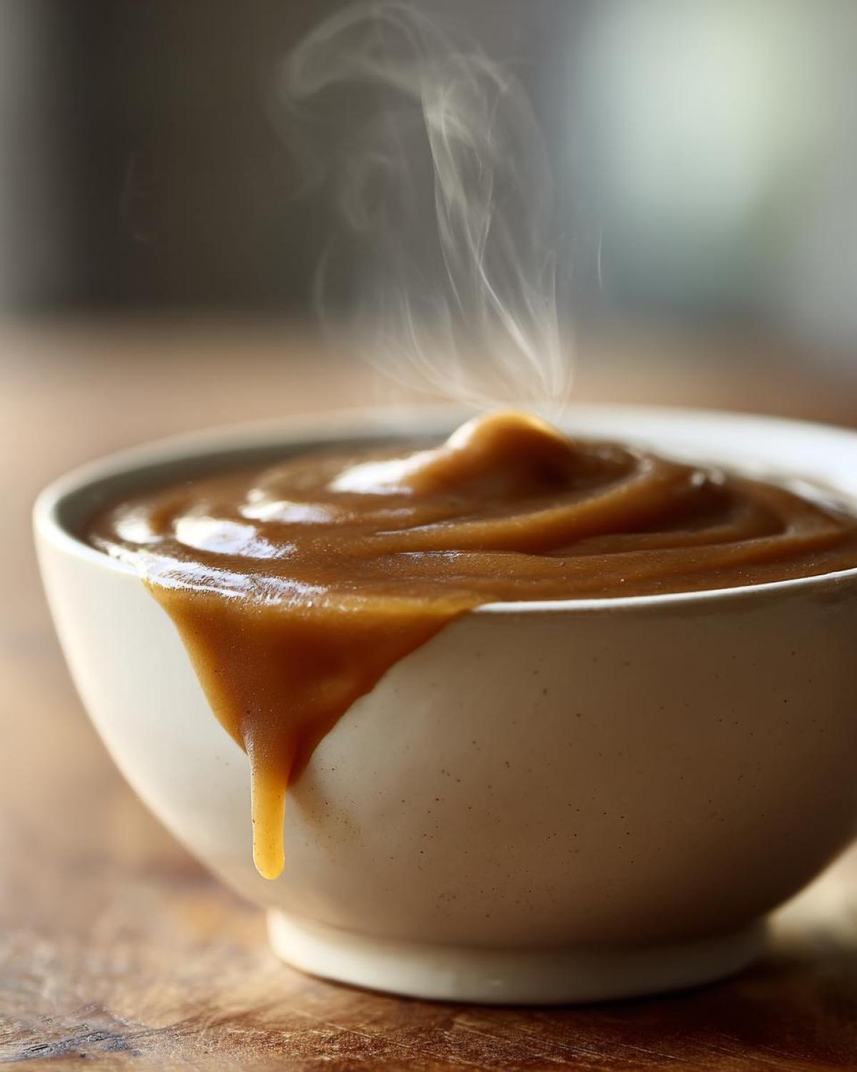 Close-up of rich, brown turkey gravy steaming hot in a white bowl, dripping down the side.