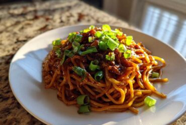 A close-up of a portion of sticky garlic noodles coated in a dark sauce and generously topped with bright green chopped scallions.
