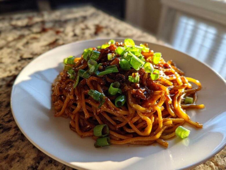 A close-up of a portion of sticky garlic noodles coated in a dark sauce and generously topped with bright green chopped scallions.