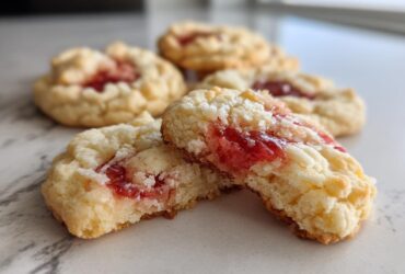 A close-up view of soft strawberry cheesecake cookies, with one cookie broken in half showing the creamy texture and bright red strawberry filling.