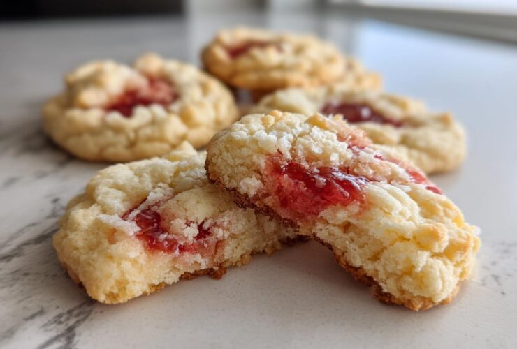 A close-up view of soft strawberry cheesecake cookies, with one cookie broken in half showing the creamy texture and bright red strawberry filling.