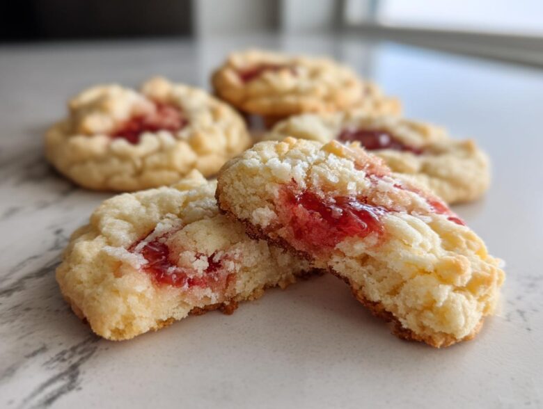 A close-up view of soft strawberry cheesecake cookies, with one cookie broken in half showing the creamy texture and bright red strawberry filling.