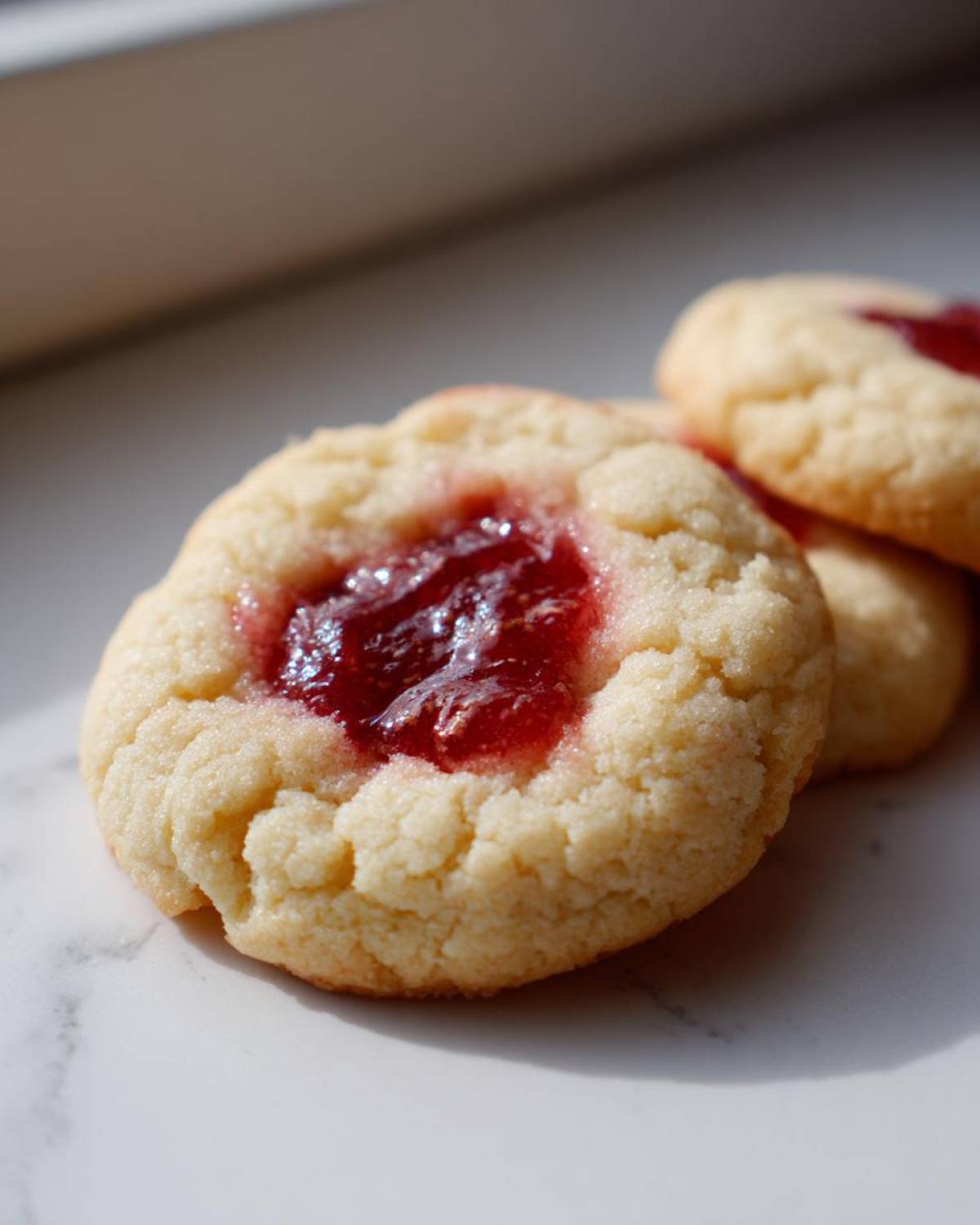 Close-up of a soft, pale strawberry cheesecake cookie with a glistening strawberry jam center.