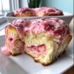 A close-up showing the fluffy interior of a Strawberry Cheesecake Sweet Roll dripping with pink strawberry glaze.