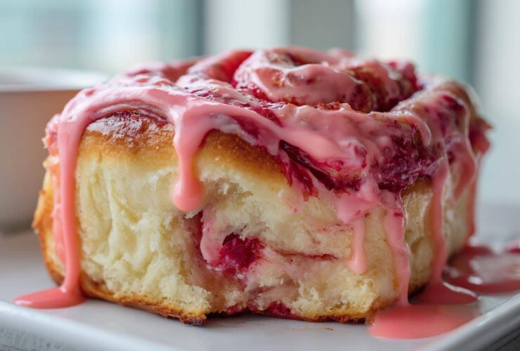 A single, fluffy Strawberry Cheesecake Sweet Rolls slice generously topped with dripping pink strawberry glaze.